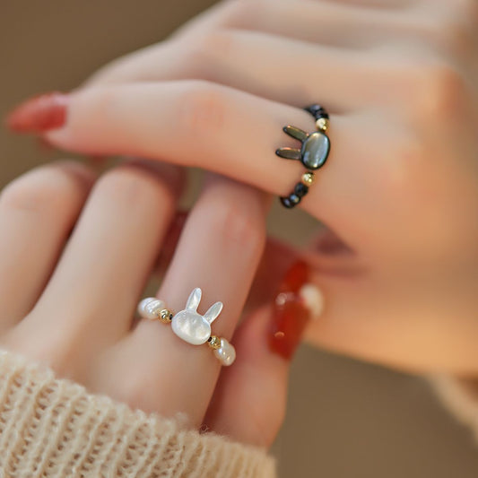 Doğal Taşlı Tavşan Temalı Yüzük (Ayarlanabilir)