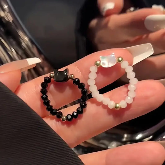 Doğal Taşlı Kedi Temalı Yüzük (Ayarlanabilir)